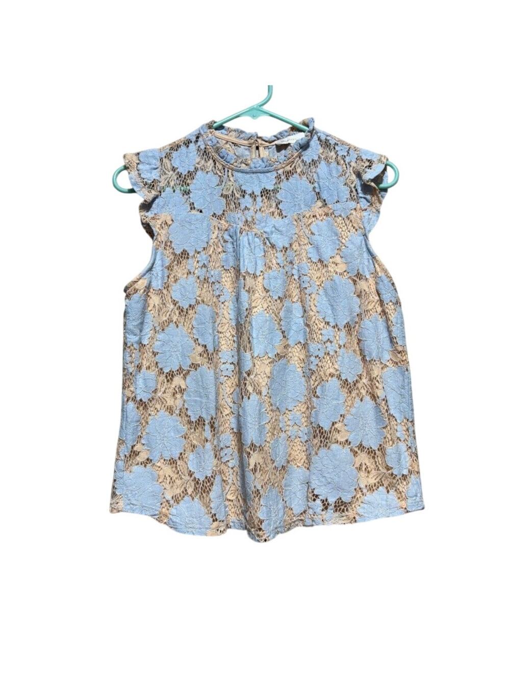 Monteau Girls Lace Blue Cream High Neck Sleeveless Top Size XL